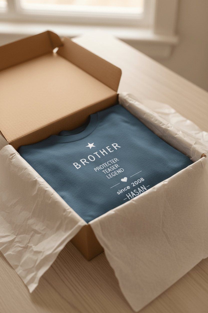 Personalized blue Brother T-shirt in box with 'Protector Teaser Legend' and HASAN since 2008