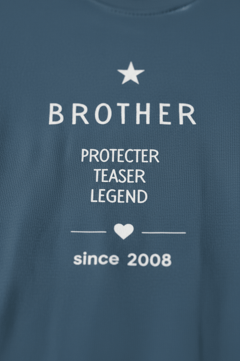 Close-up of personalized blue Brother T-shirt text: 'Protector Teaser Legend' since 2008