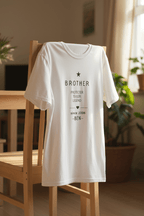 White T-shirt with gray "BROTHER" logo and personalized name BEN