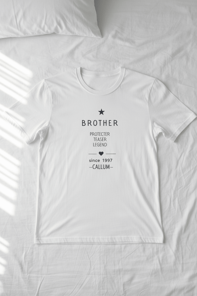 White T-shirt with light gray "BROTHER" print and personalized name CALLUM