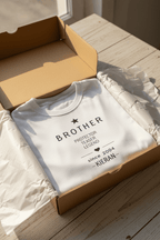 Personalized white Brother T-shirt with 'Protector Teaser Legend' print and name KIERAN