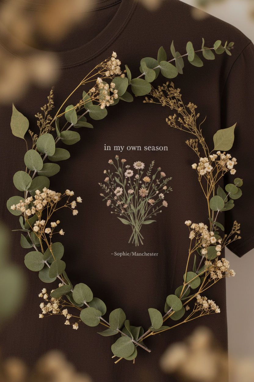 Charcoal T-shirt with botanical floral wreath graphic and centered text design