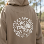 Close-up tan hooded sweatshirt with “SAVE THE PLANET” back logo graphic