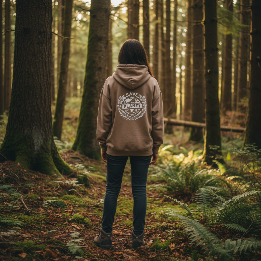 Taupe hooded sweatshirt with Save the Planet back emblem and kangaroo pocket