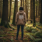 Taupe hooded sweatshirt with Save the Planet back emblem and kangaroo pocket