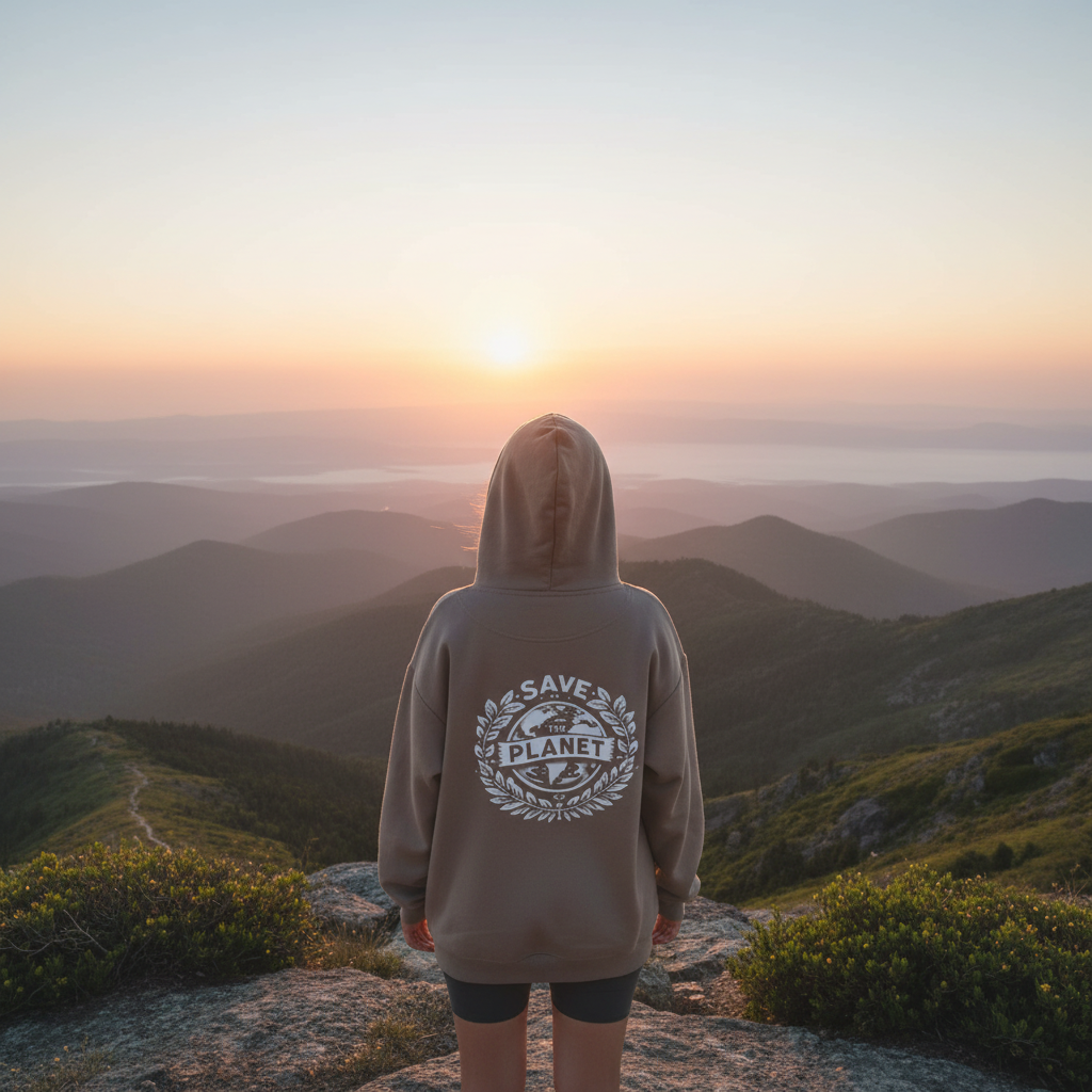 Charcoal hooded sweatshirt with Save the Planet back emblem and kangaroo pocket