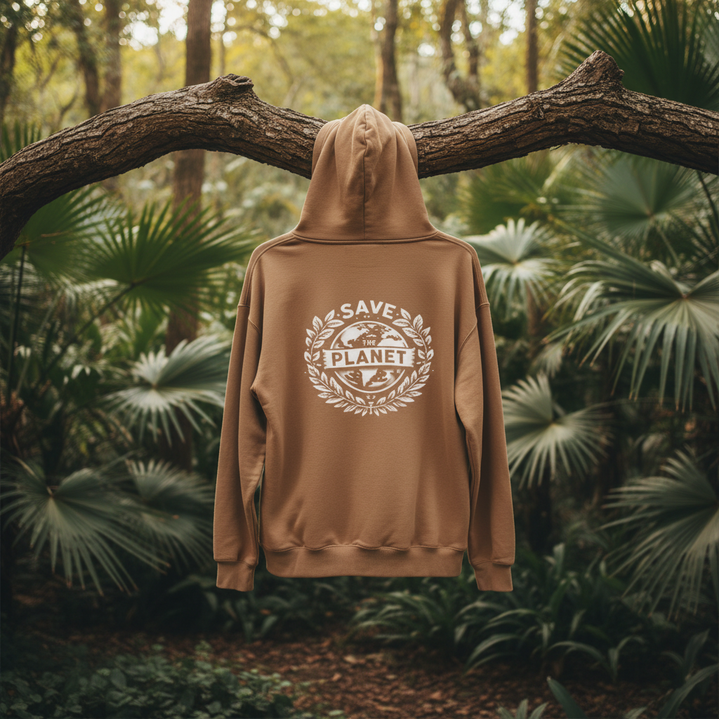 Tan hooded sweatshirt with centered back “Save the Planet” emblem