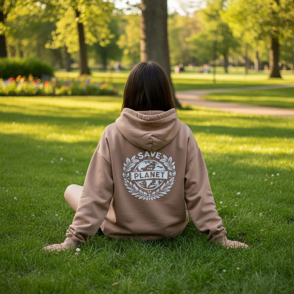 Light tan hooded sweatshirt with Save the Planet back emblem and kangaroo pocket