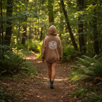 Brown hooded sweatshirt with Save the Planet back emblem and kangaroo pocket