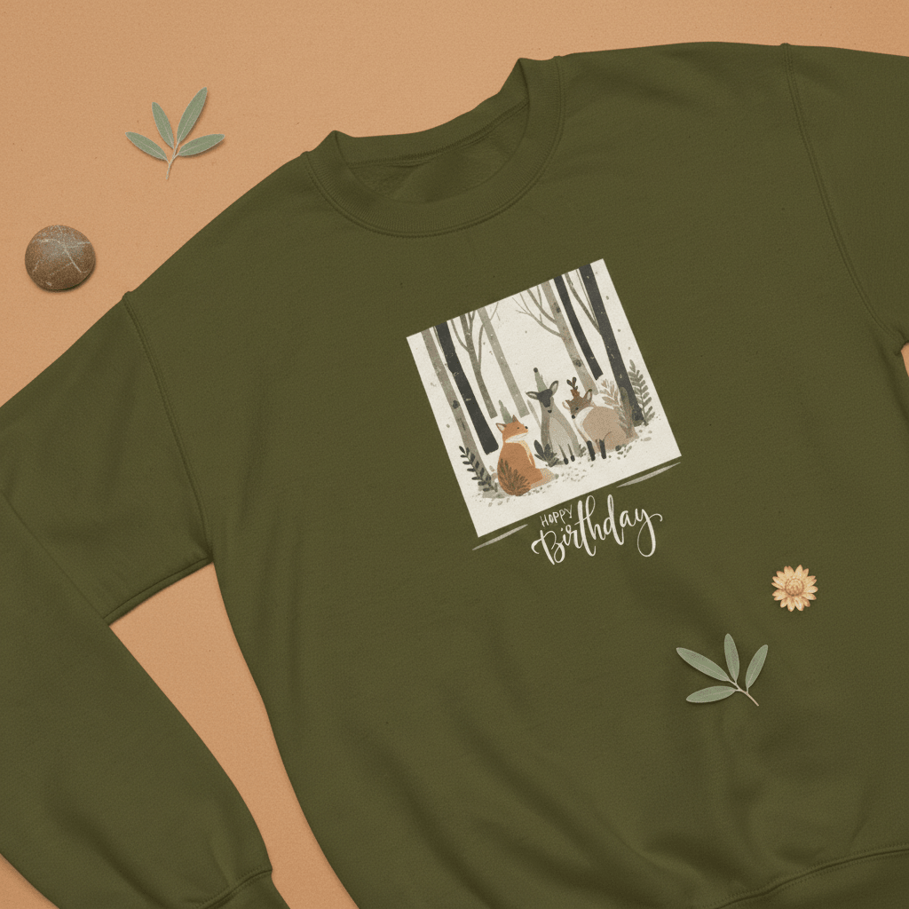 Olive green sweatshirt with crew neck and woodland animal birthday graphic detail