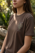 Brown T-shirt with small botanical bouquet graphic on the chest