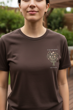 Brown T-shirt with small botanical bouquet graphic on the chest