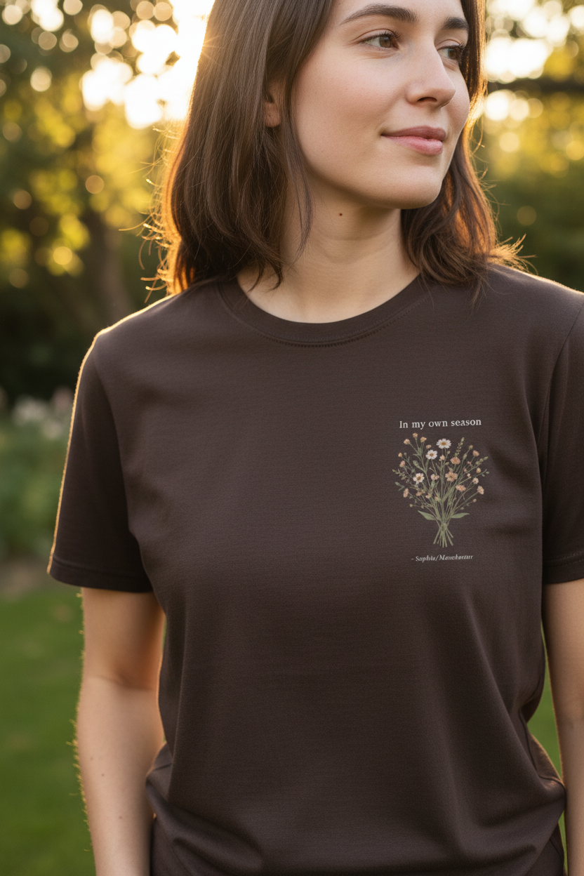 Dark brown T-shirt with small botanical bouquet graphic and centered text