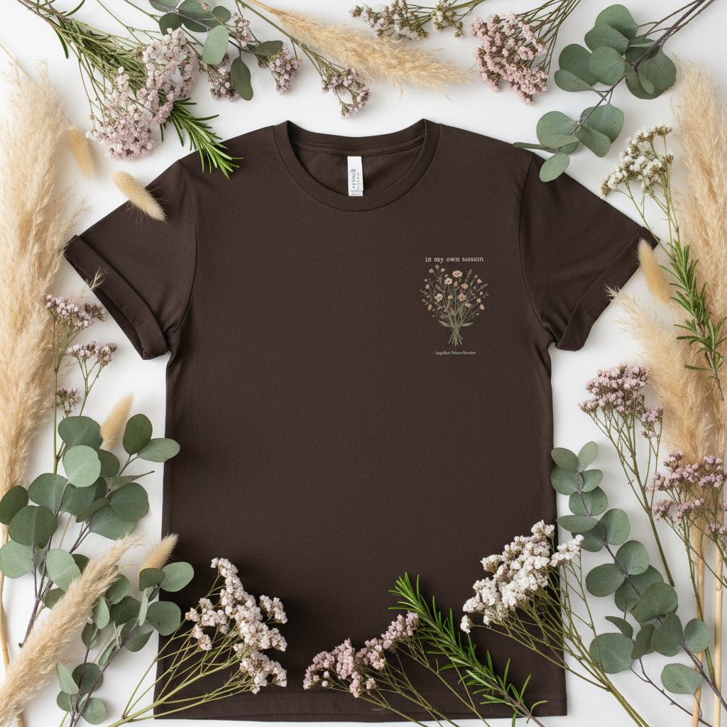 Dark brown crew-neck t-shirt with centered botanical floral bouquet and 'In my own season' text