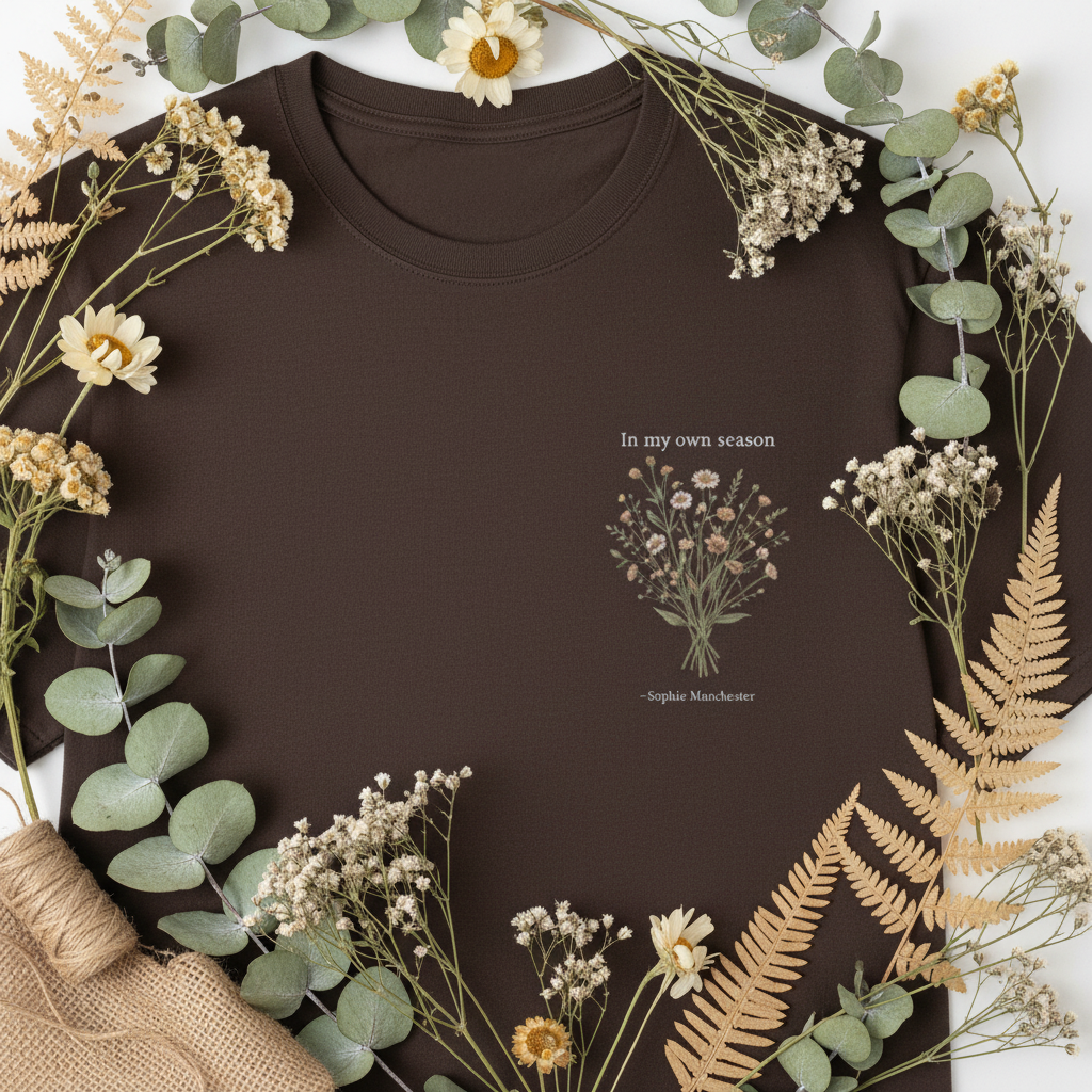 Dark brown T-shirt with botanical wreath and small centered flower text graphic