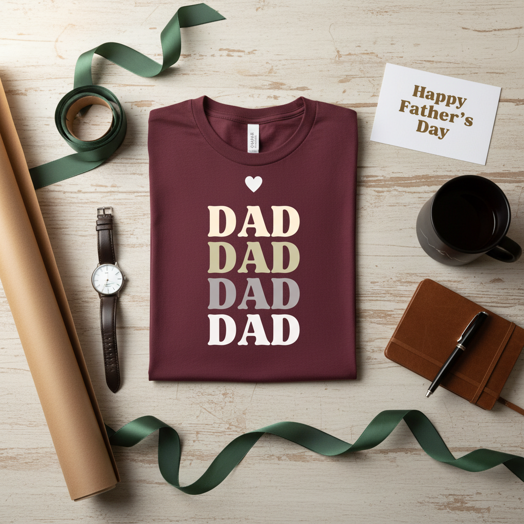 Maroon t-shirt with large stacked DAD text graphic