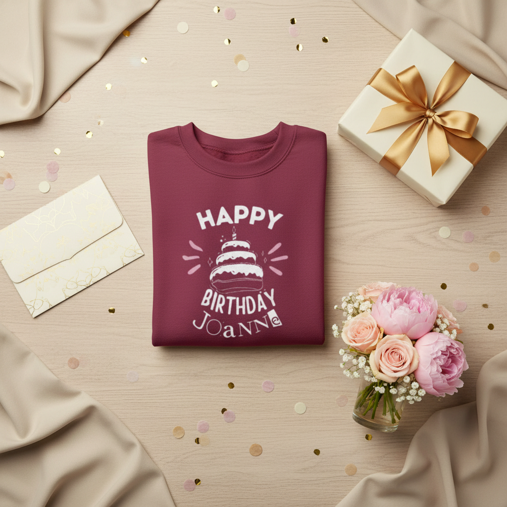 Maroon crewneck sweatshirt with 'Happy Birthday' graphic and custom name print