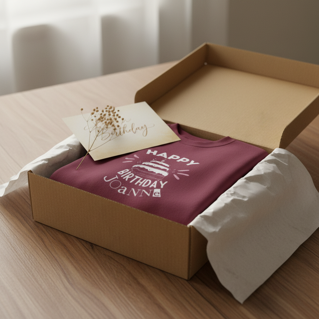 Maroon sweatshirt with 'Happy Birthday' cake graphic and name text