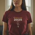 Dark red Graduation 2025 graphic T-shirt with cursive name text