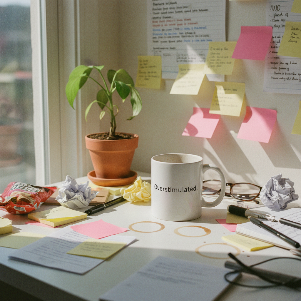 Busy desk with sticky notes and chaos