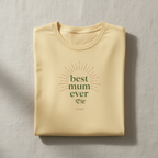 Light yellow T-shirt with “best mum ever” badge print, personalized “Jane”