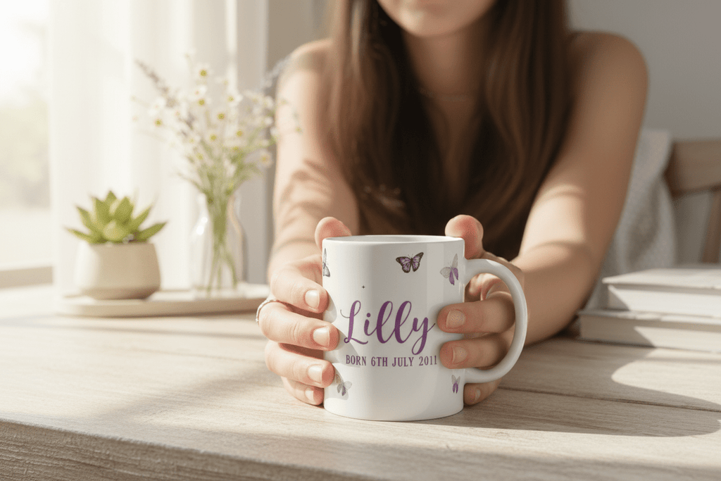 Personalised butterfly mug held in hand with name Lily and birth date, purple butterflies