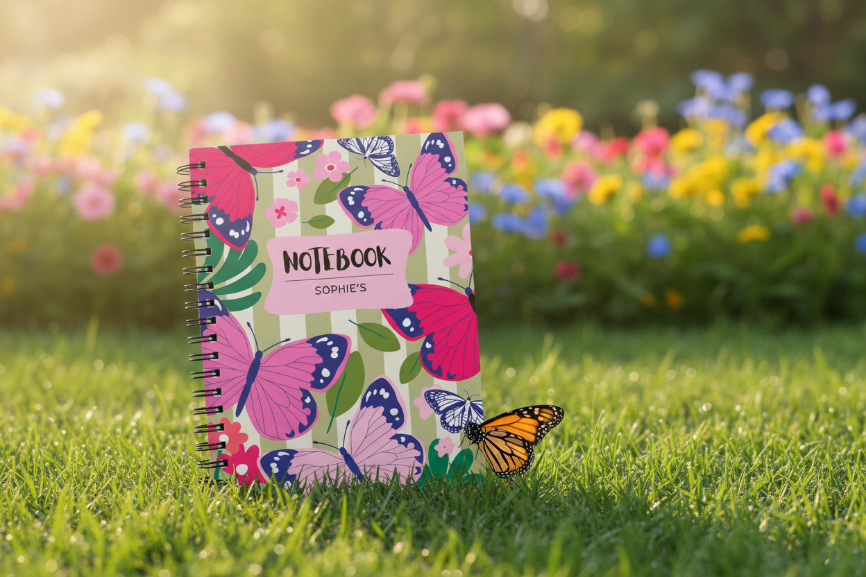 A5 spiral notebook with butterfly cover and label “SOPHIE’S”