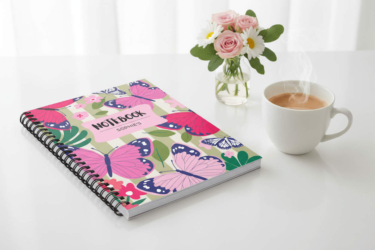 Butterfly spiral notebook with pink name label reading “NOTEBOOK” and “CLAUDIA ALVES”