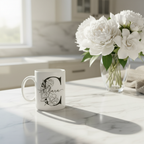 White personalized name mug with black floral design and “Clara”