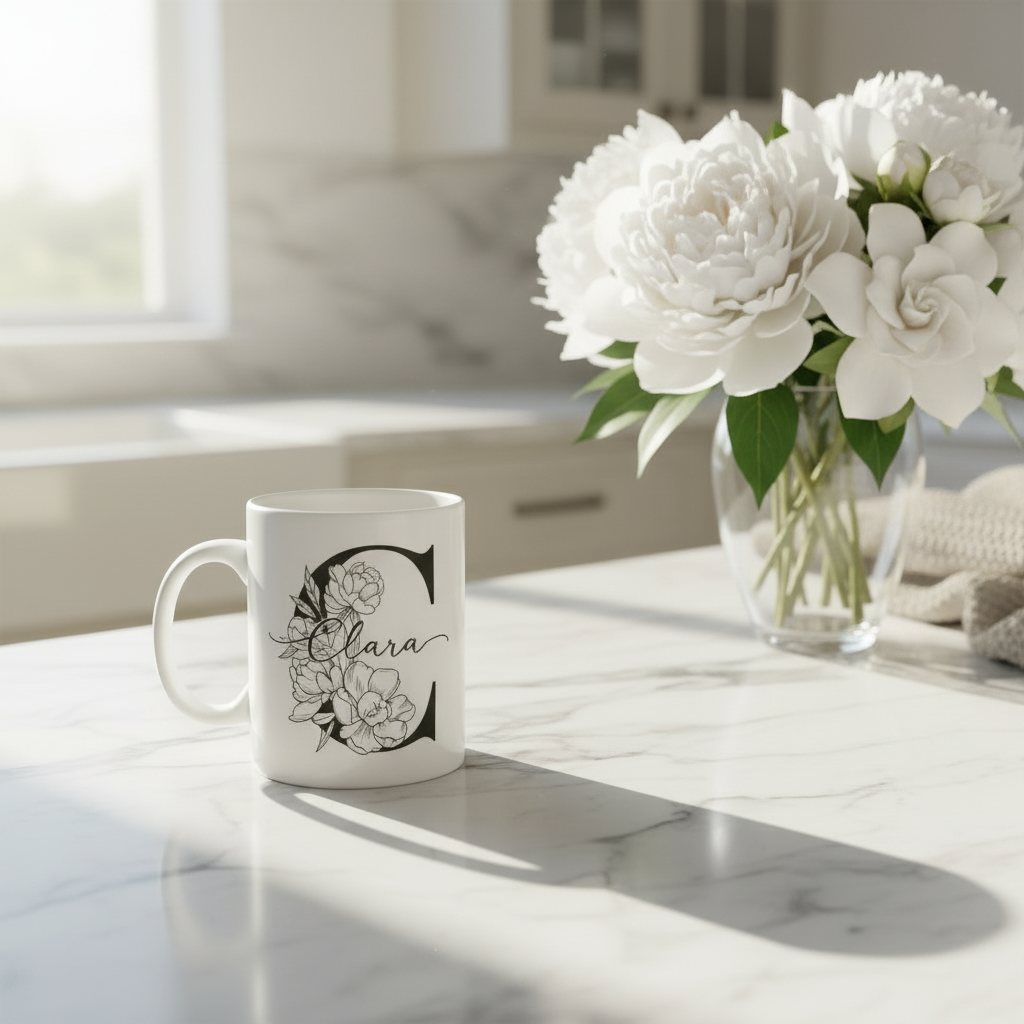 White personalized name mug with black floral design and “Clara”