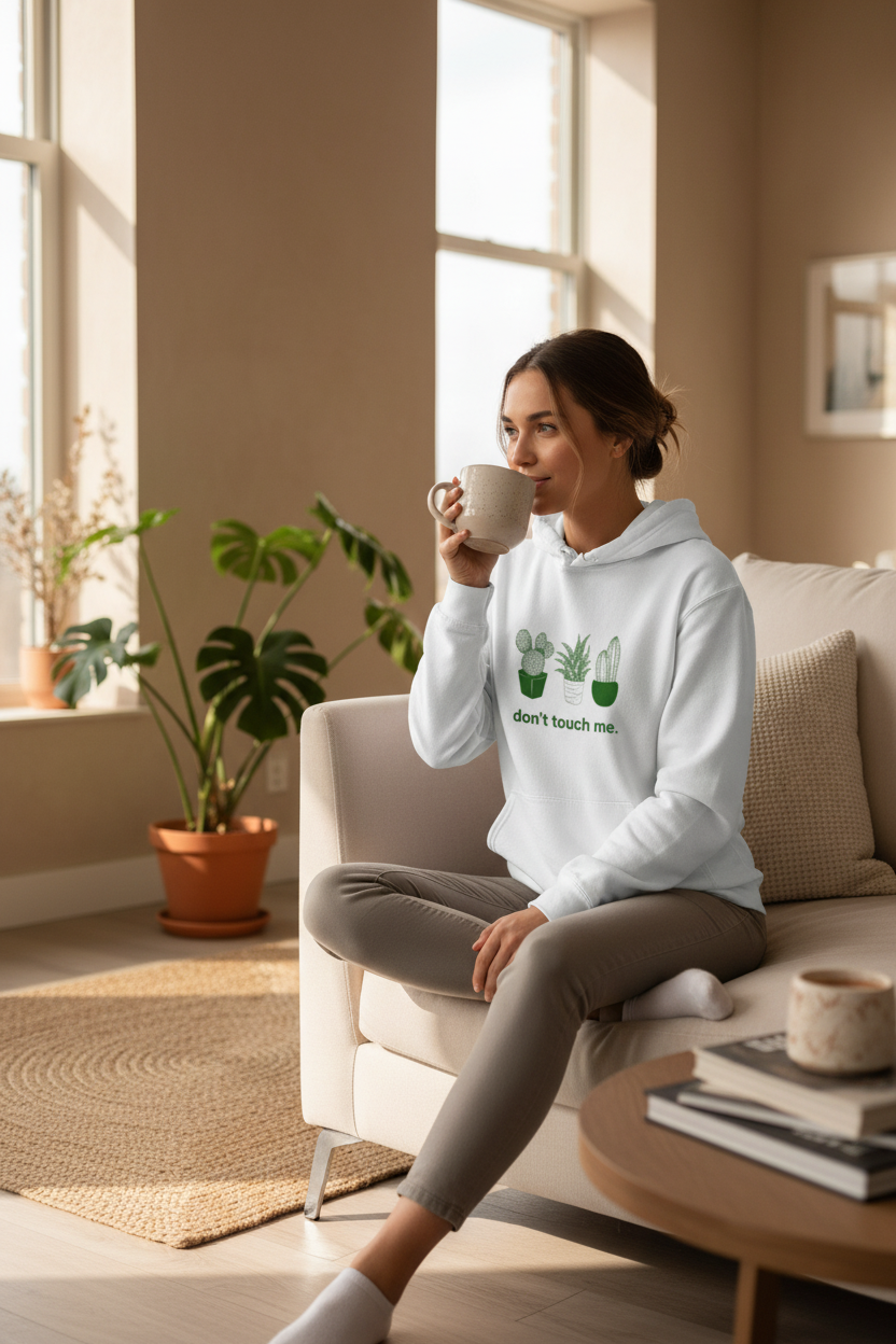 White hoodie with cactus graphic and “don’t touch me.” text, front pocket visible