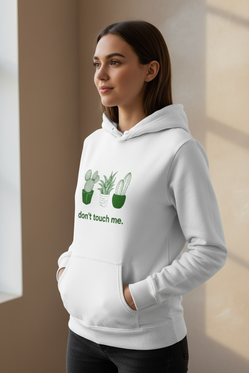 White pullover hoodie with cactus graphic and “don’t touch me.” text on the chest