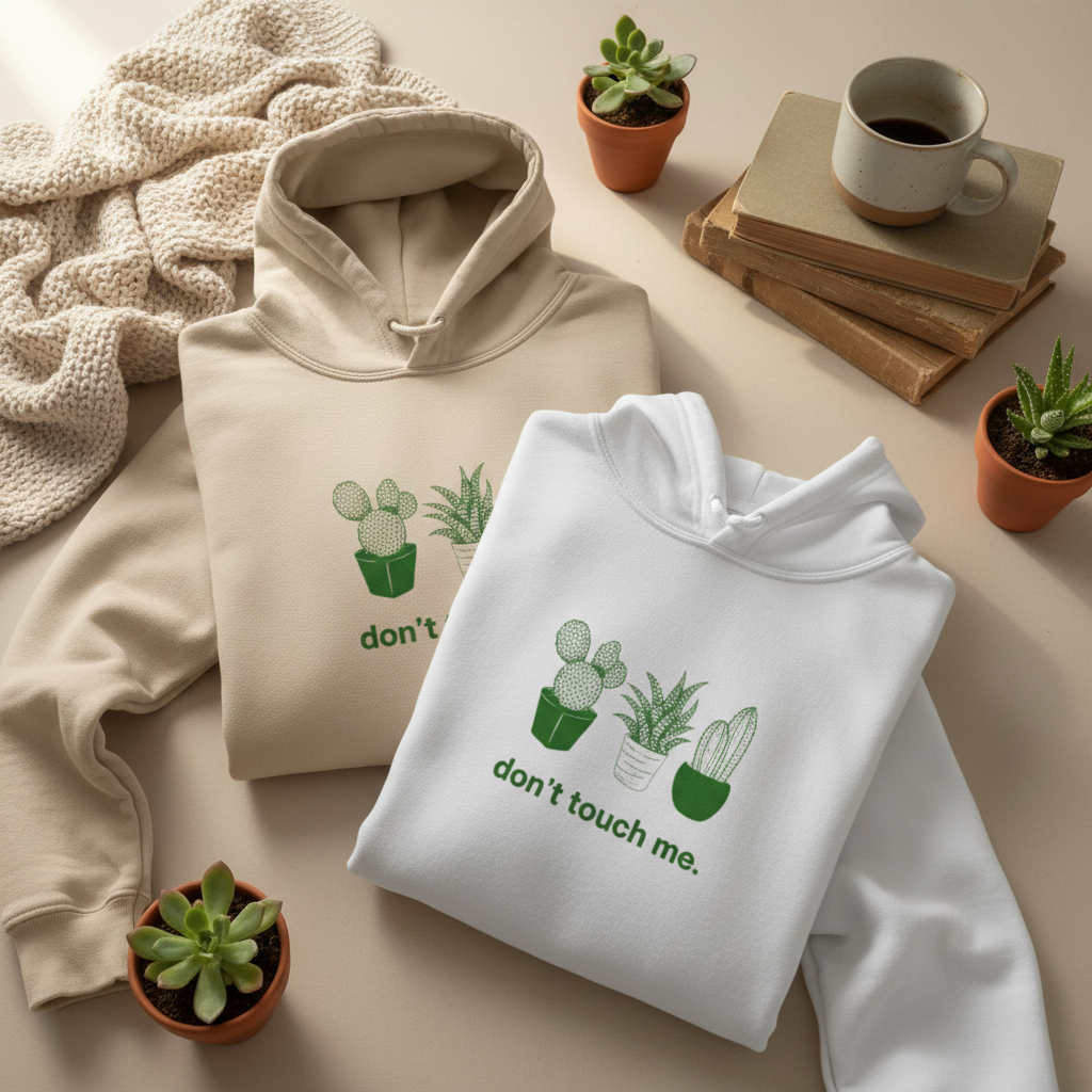 Sand hoodie with green cactus graphic and "don't touch me." text on the chest