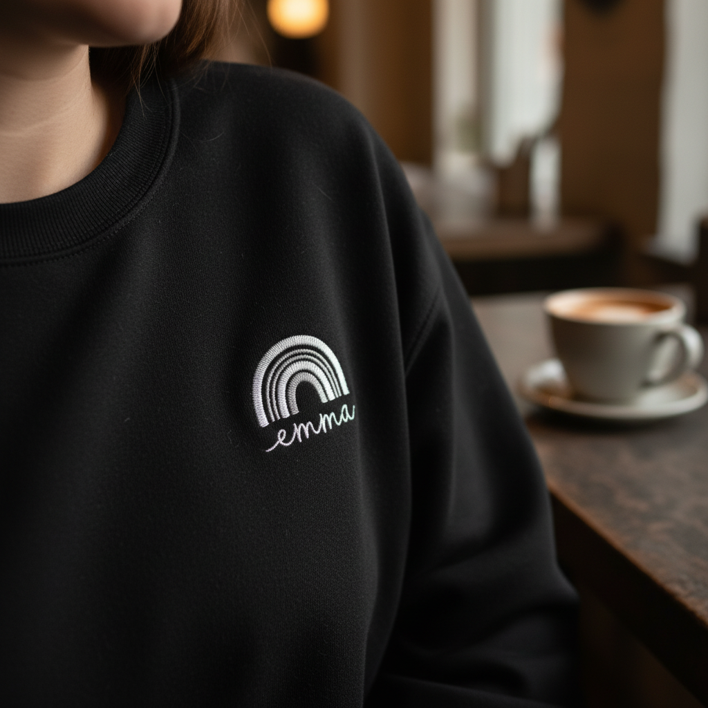 Black custom name sweatshirt with embroidered rainbow arch logo: emma