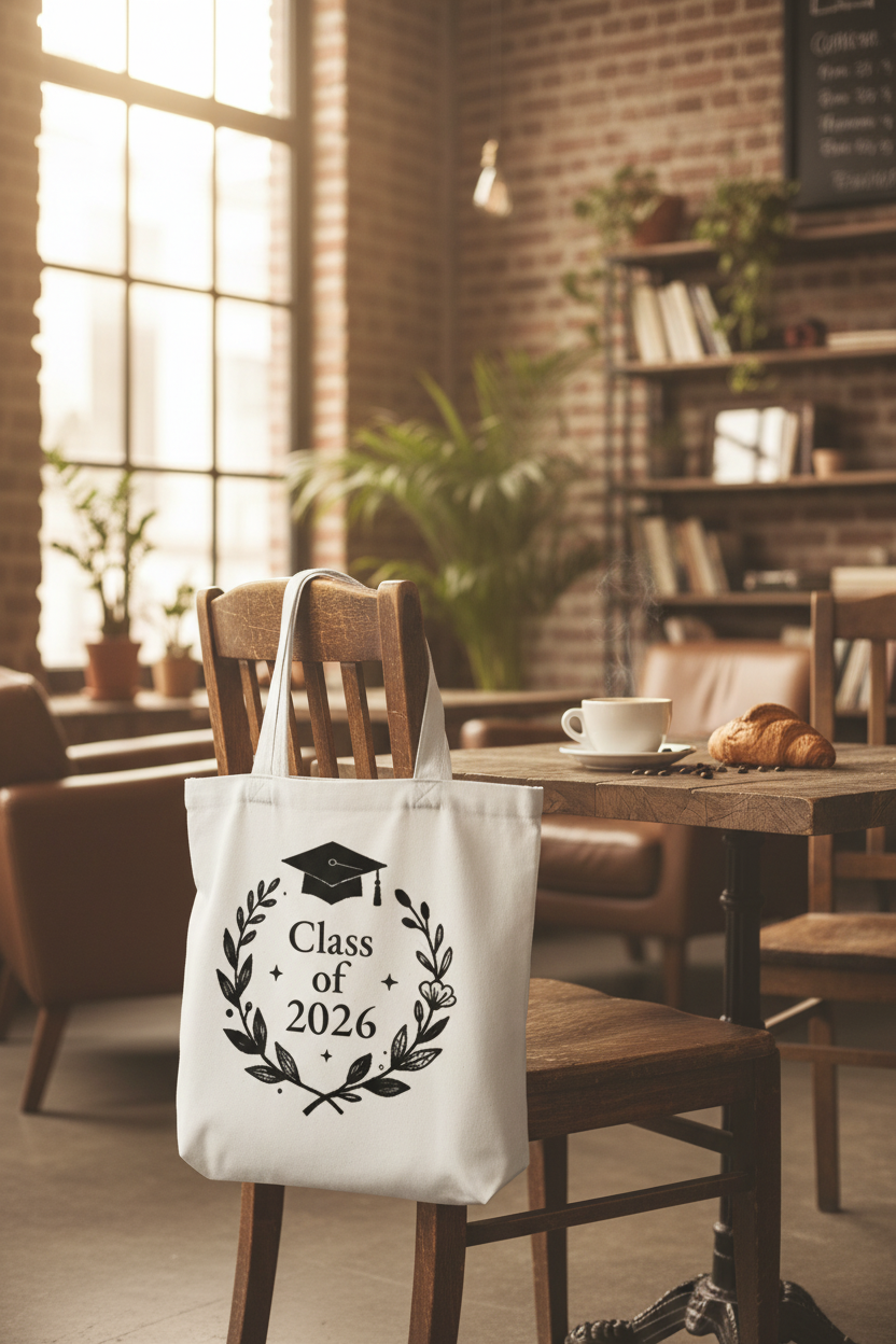 White tote bag with Class of 2026 wreath and graduation cap, on chair in cafe