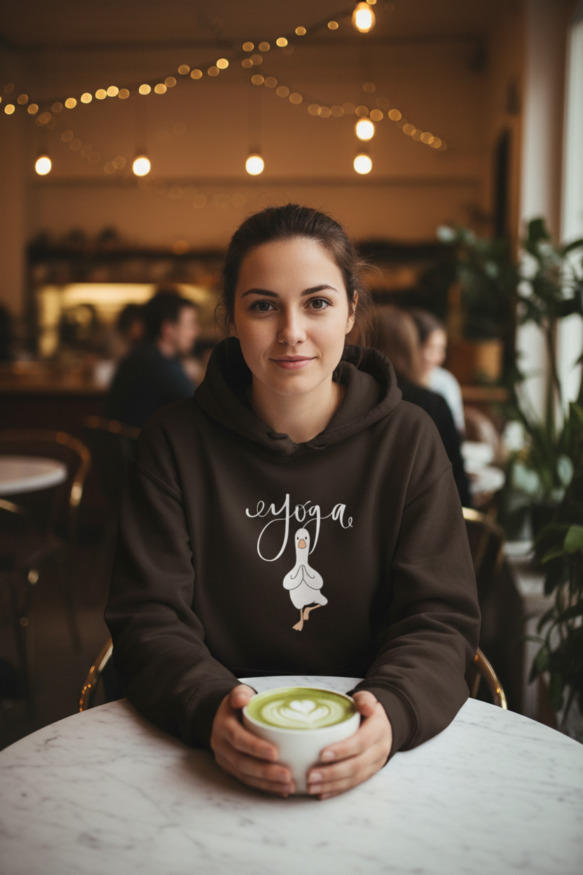 Dark yoga duck pose hoodie with white duck graphic held at cafe table