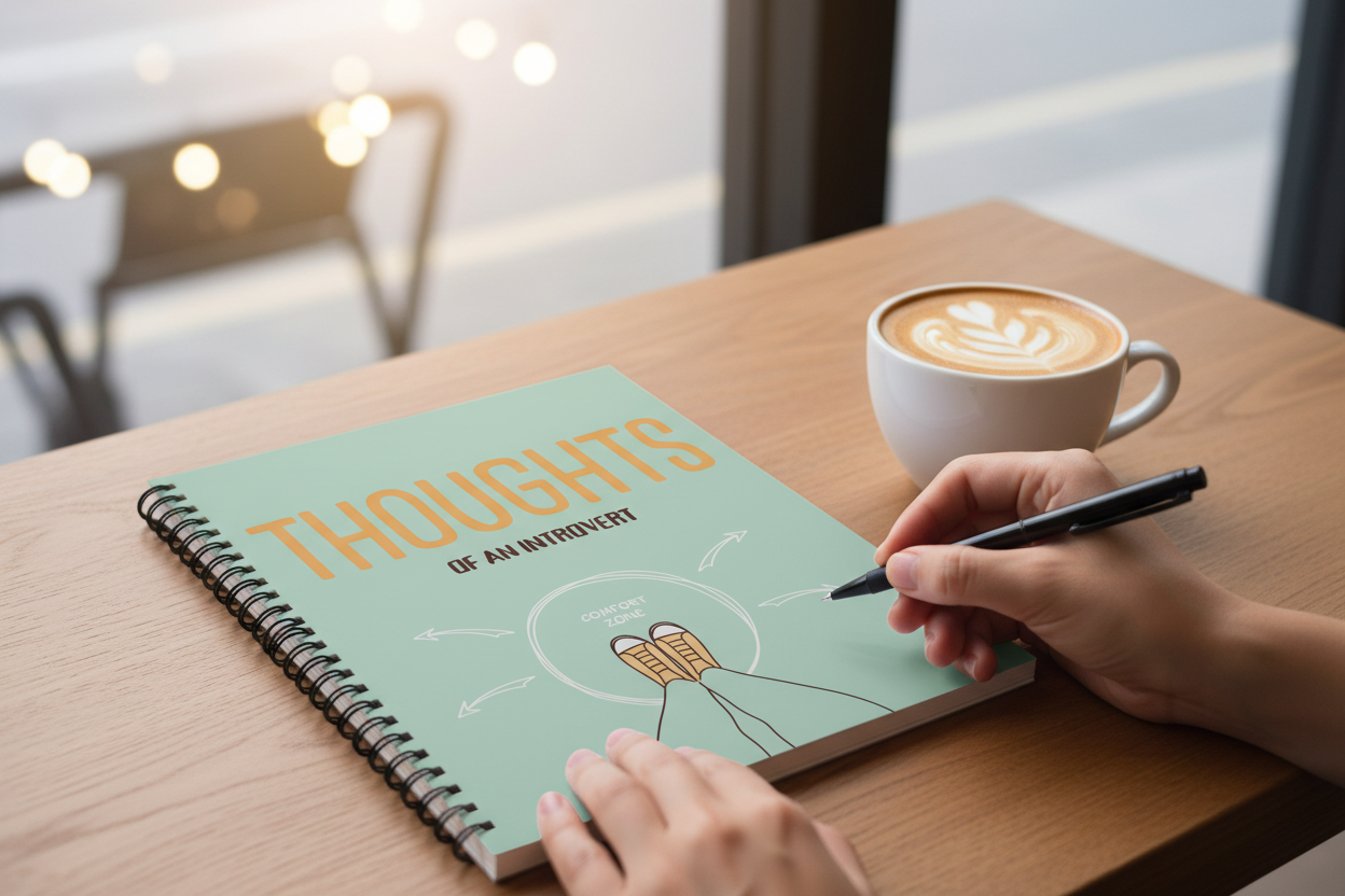 Green spiral notebook with 'THOUGHTS' cover, pen in hand, latte cup on desk