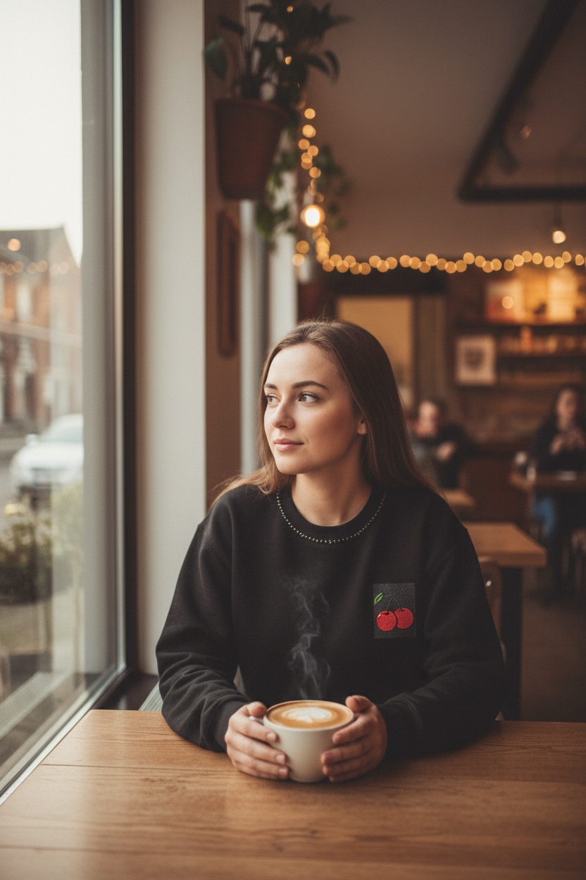 Black cherry patch sweatshirt, crew neck with ribbed cuffs and hem