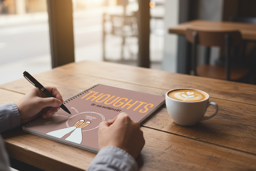 Lined spiral notebook on desk with hands writing and coffee cup nearby