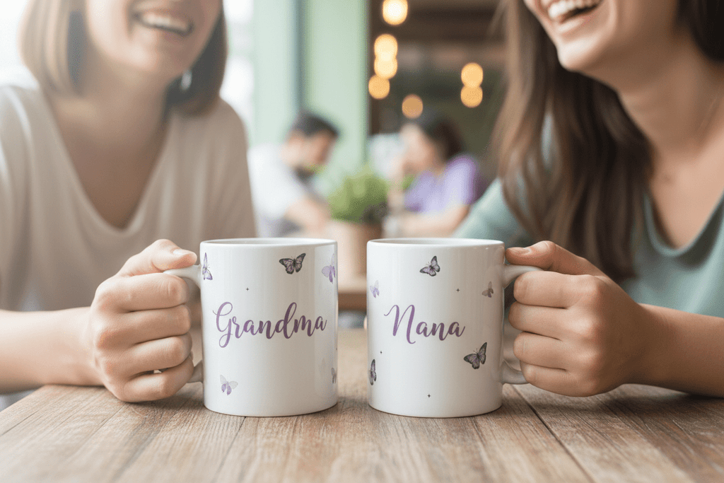 Two white mugs with purple butterflies, names Grandma and Nana, held on a table