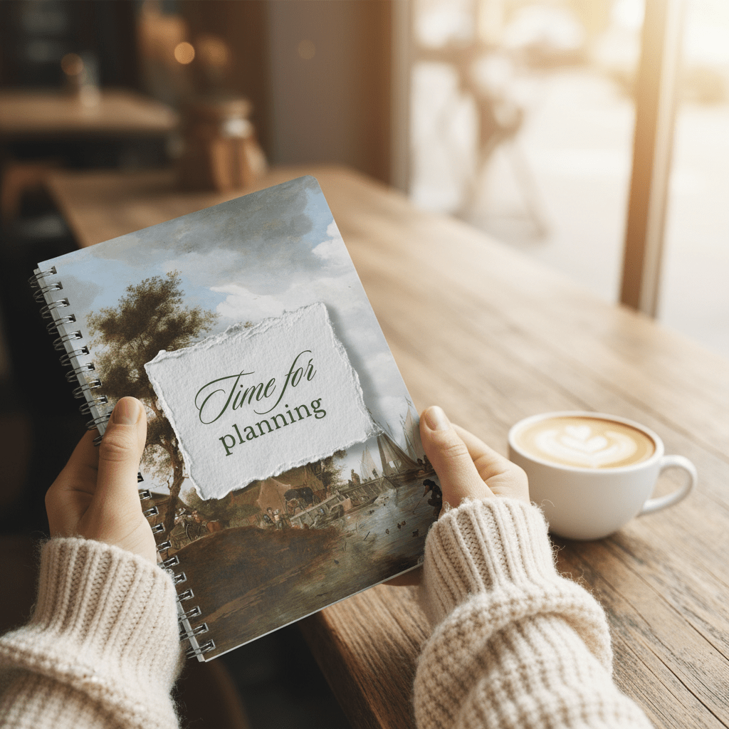 A5 wirobound planner notebook held in hands, with vintage landscape cover and “Time for Planning”.