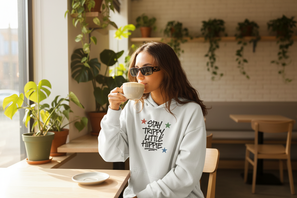 White hoodie with hood and star “Stay Trippy Little Hippie” graphic, worn by person