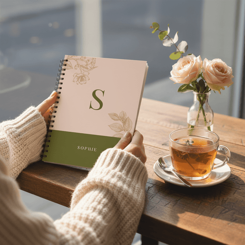 A5 spiral notebook in taupe with gold floral details and monogram S, held in a hand.