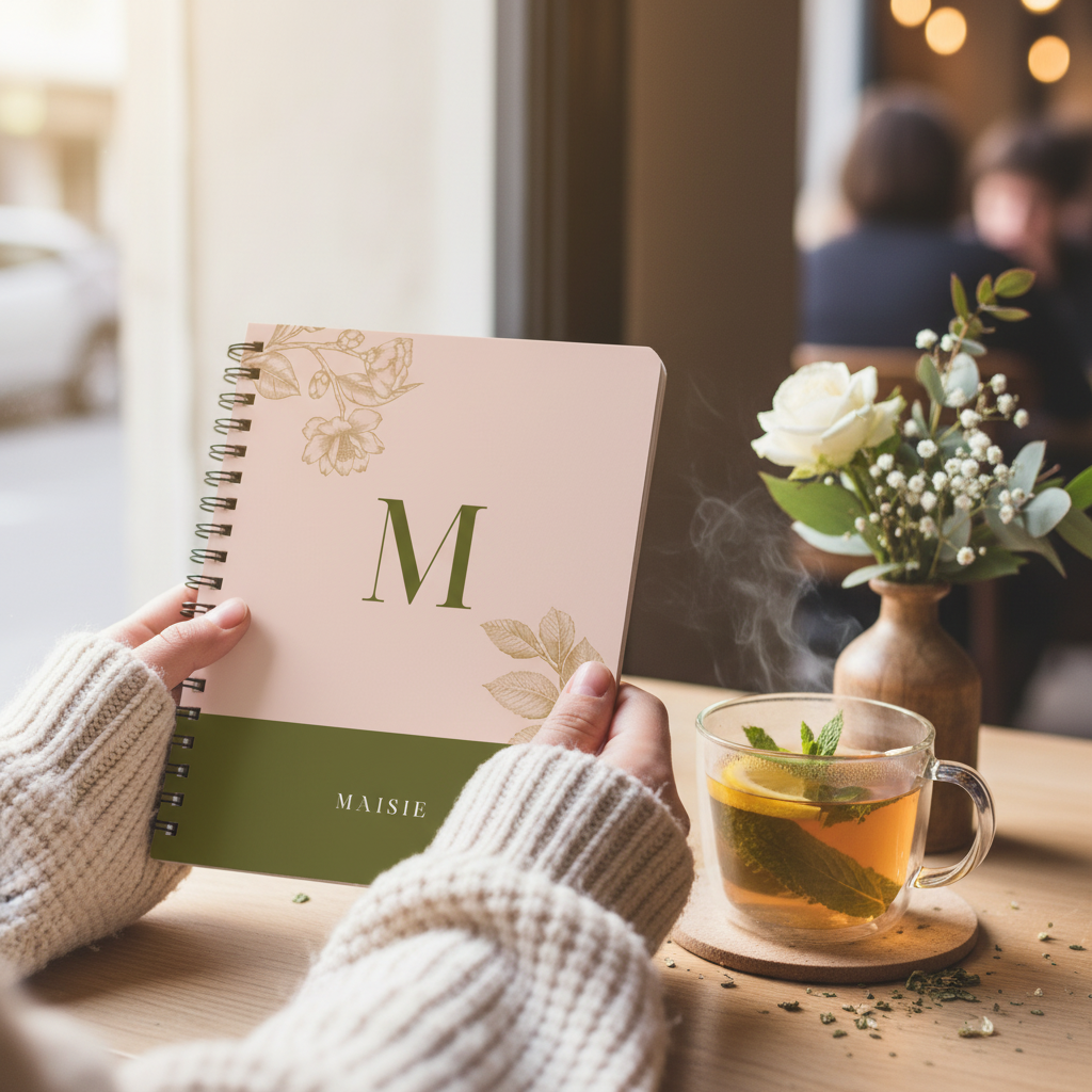 Personalised A5 notebook with initial M, botanical design, and name MAISIE on mauve cover
