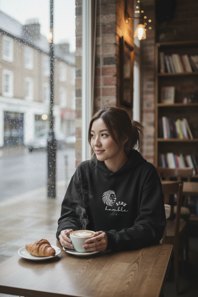 Black unisex hoodie with hood and lion graphic on chest, worn by person