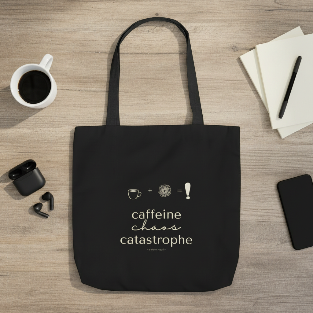 Black tote bag top view with coffee graphic and two carry handles