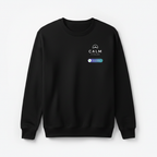 Black crewneck sweatshirt with “CALM is calling” chest print and small badge