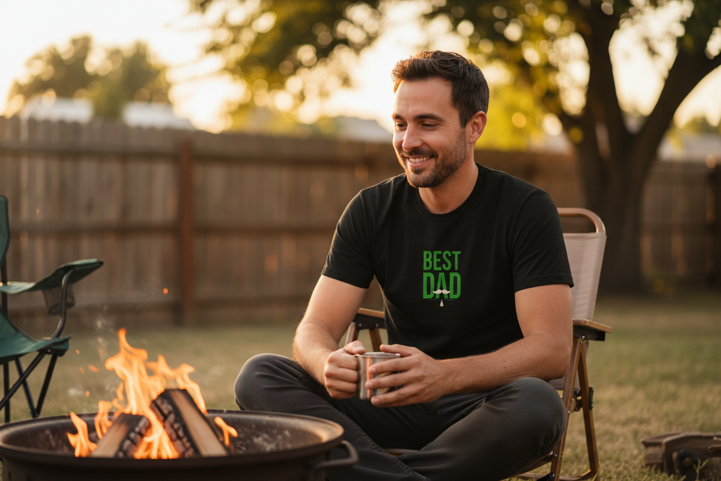 Black T-shirt with green "Best Dad" typography on the front