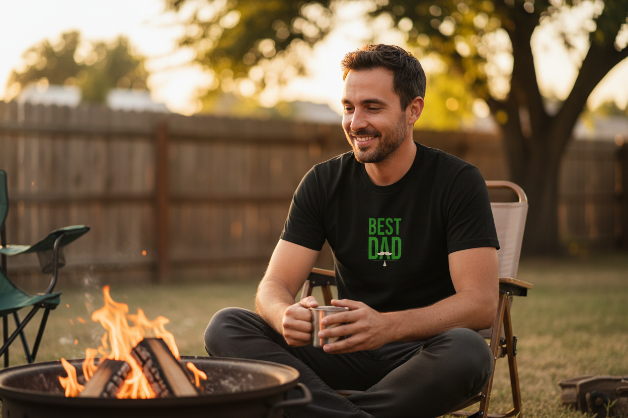 Black T-shirt with green "Best Dad" typography on the front