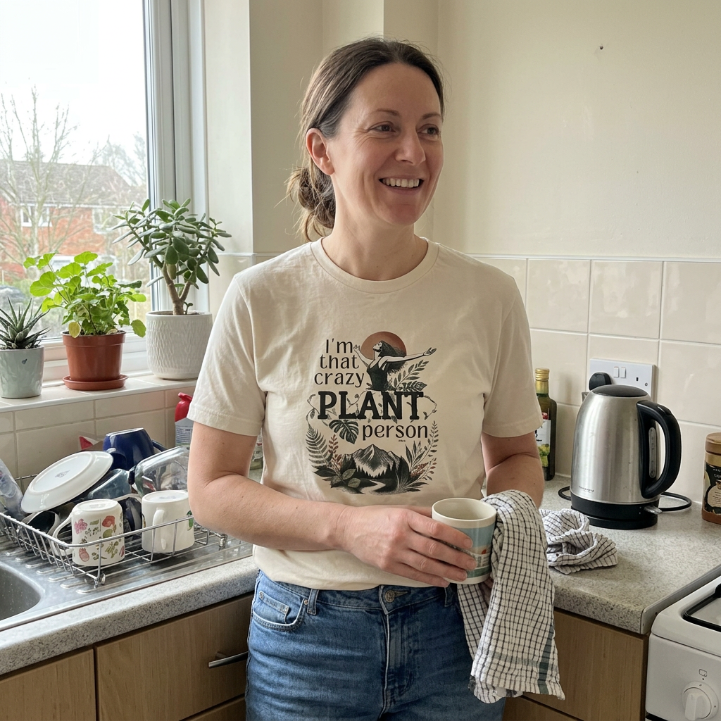 Natural plant lover t-shirt with 'crazy plant person' botanical graphic, worn by model